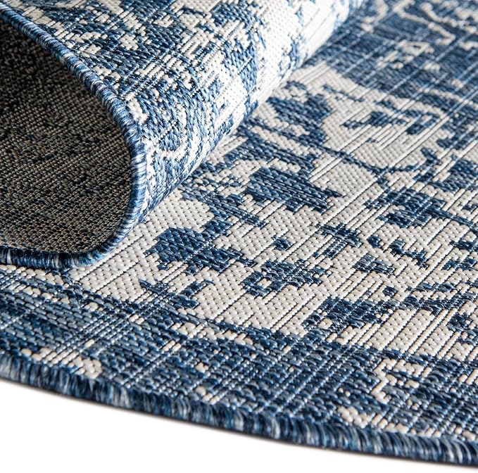 Unique Loom Outdoor Collection Area Rug - Dubai (7' 10' x 10' Oval, Blue/ Ivory)