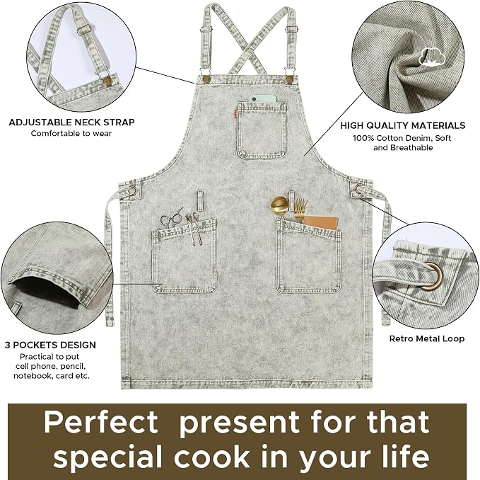 Denim Chef Apron for Women with Pockets, Jean Waitress Server Kitchen Apron for Men Cooking Gardening Painting