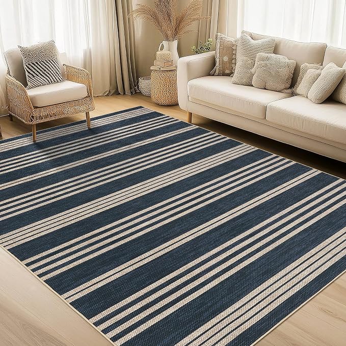 Garvee 5x7 Area Rugs Easy Jute Washable Rugs Living Room, Navy | Modern Line Print Area Rug Stain Resistant Easy Cleaning Throw Rugs Non Shedding Low Pile Floor Cover for Nursery Dining Room