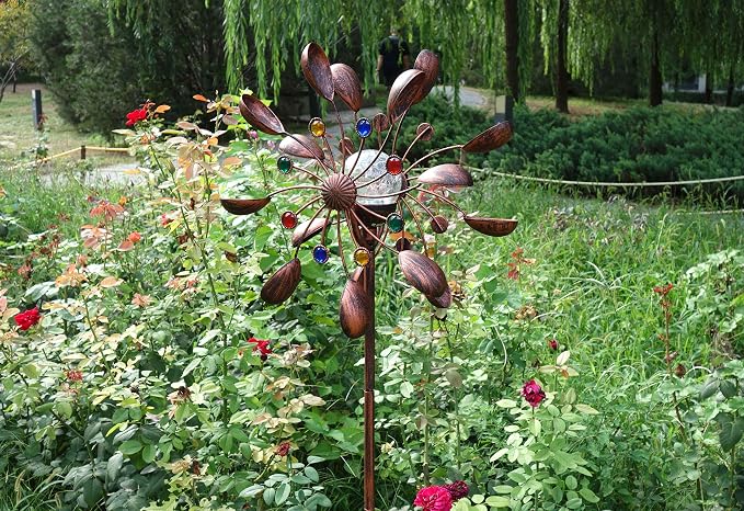 75-Inch Wind Spinners Jewel Cup - Solar-Powered with Multi-Color LED Glass Ball - Metal Kinetic Windmill for Dual Wind Direction - Easy to Assemble Garden and Outdoor Yard Decorations