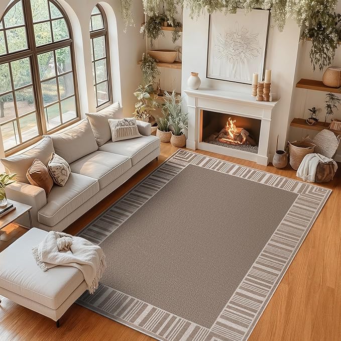 COZYLOOM Indoor Outdoor Rugs 8x10 Modern Easy Jute Washable Area Rug,Taupe | Non Slip Neutral Bordered Non Shedding Stain Resistant Foldable Rug for Living Room Dining Room Bedroom Patio Backyard