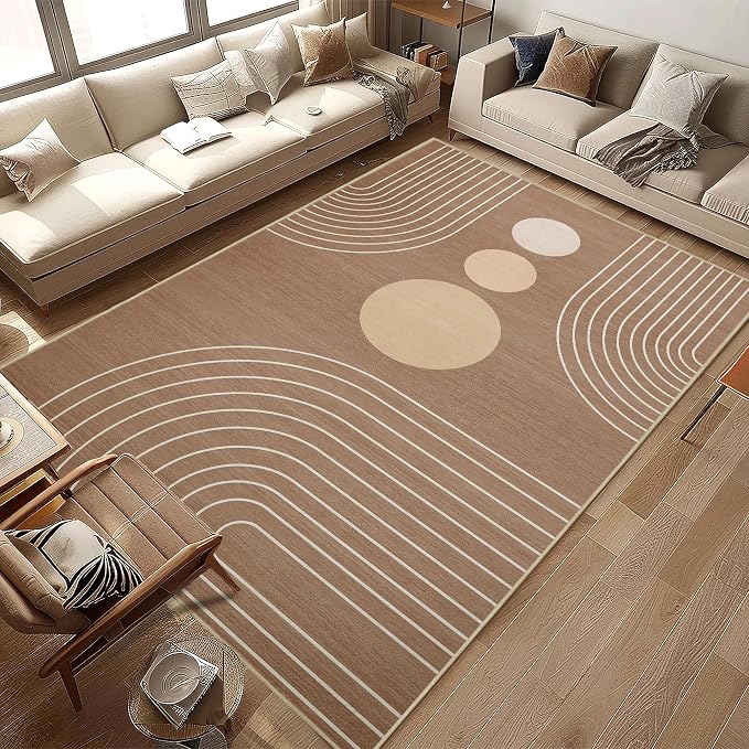 8x10 Area Rug for Living Room Boho Modern Minimalist Geometric Abstract Large Rug Brown Mid Century Modern Machine Washable Non-Slip Printed Low-Pile Indoor Floor Carpet Dining Room Bedroom Brown