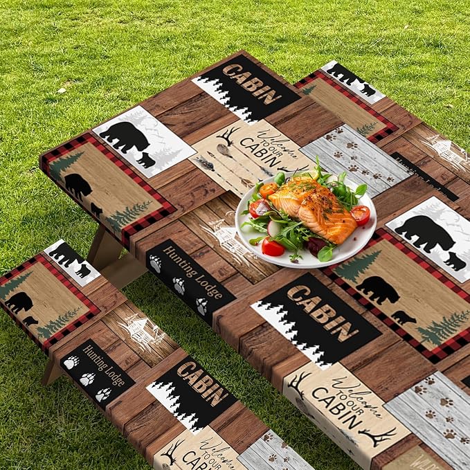 Picnic Table Cover with Bench Covers Elastic Edges, Vintage Camper Fitted Table Cover, Outdoor Patio Camping Essentials 72 Inch 3PCS, Waterproof Camping Fitted Tablecloth with Drawstring Bag