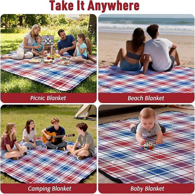 Doonly Picnic Blanket, Large Waterproof Sandproof Beach Blanket, Foldable Outdoor Blanket Picnic Mat for Beach, Camping, Park, Grass, Lawn, Travel, Patriotic Red White and Blue