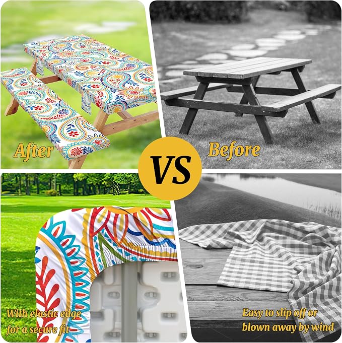 Picnic Table Cover with Bench Covers Elastic,Fitted Table Cloths for Rectangle Tables 6 Foot Washable,Waterproof Tablecloth for Outdoor Camping Essentials Accessories(6 Foot,Paisley