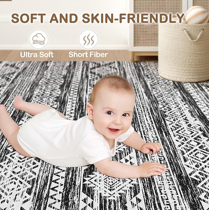 Tortania Area Rug Living Room Rugs - 10x12 Washable Large Soft Neutral Boho Moroccan Bohemian Farmhouse Rug Indoor Floor Carpet for Bedroom Under Dining Table Home Office Decor - Black White