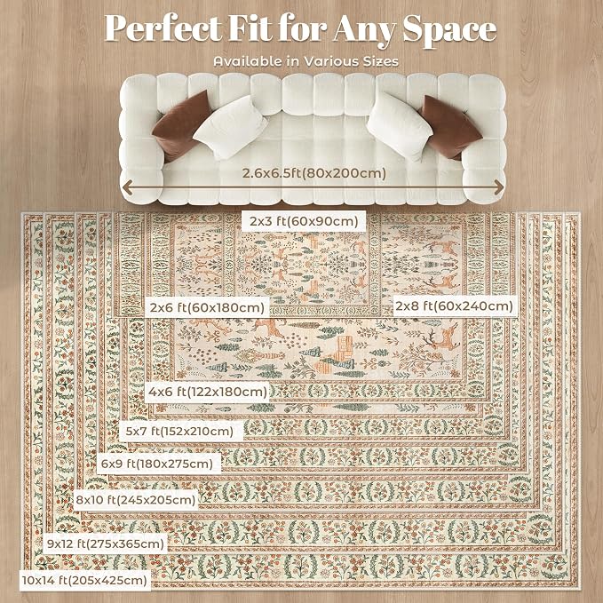 Living Room Rugs 8x10: Washable Boho Rug Farmhouse Non Slip Stain Resistant Large Rug Low Pile Soft Carpet for Bedroom Dining Room Children Room (Cream Animal,8'x10')