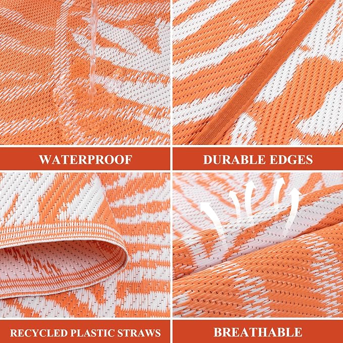 Outdoor Patio Rug, 6'x9' Plastic Straw Waterproof Mat, Reversible Camping Rug for RV Outside,Colorful Outside Layering Rug for Patios, Backyard, Deck, Balcony,Beach, Orange & White