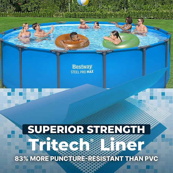 Bestway Steel Pro MAX 15’ x 48 Above Ground Swimming Pool, Pool Only, Blue | Round Durable Metal Frame Pool, Outdoor Backyard Water Activity - Includes Puncture-Resistant Liner, No-Tool Setup