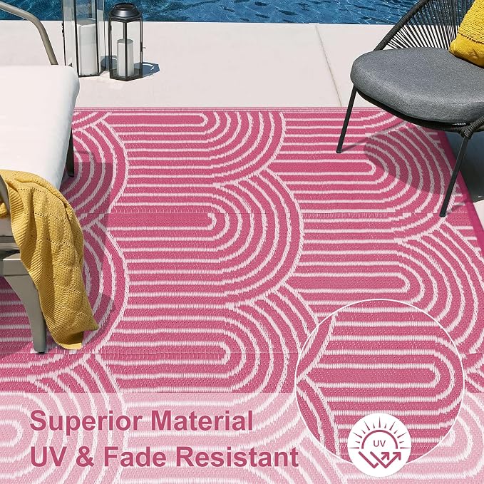 Lahome Deck Rugs Outdoor Waterproof 6x9 Patio Outside Rug, Plastic Straw Rug Reversible Rv Mat,Large Porch Floor Area Rug,Portable Camping Carpet for Balcony Tent (Rainbow Pink, 6'x9')