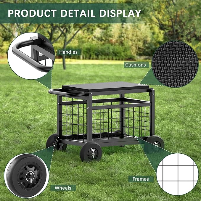 Garden Cart with Seat,3-in-1 Rolling Seat with Wheels for Gardening Seniors | Upgraded Heavy Duty Gardenning Cart with Seat, Supports up to 500 LBS for Seniors, Lawn, Patio & Backyard Gardening, Black