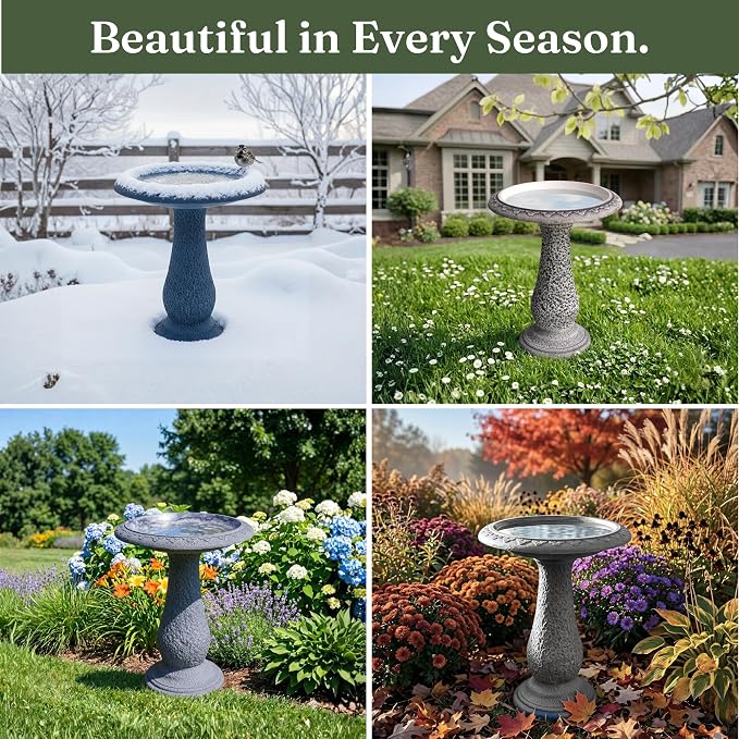 Bird Bath for Outside 23 Inch Speckled White - Stone-Resin Composite Pedestal Birdbath Bowl - Decorative Standing Outdoor Garden Decor for Front Porch Patio Yard Backyard Lawn Ornament