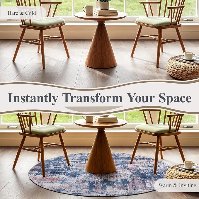 Sasttie 4ft Round Area Rug, Modern Abstract Circle Carpet, Pink & Blue | Machine Washable, Ultra-Soft Faux Wool, Low Pile, Non-Slip, Lightweight, Thin, for Living Room, Bedroom, Dinning Room & Dorm