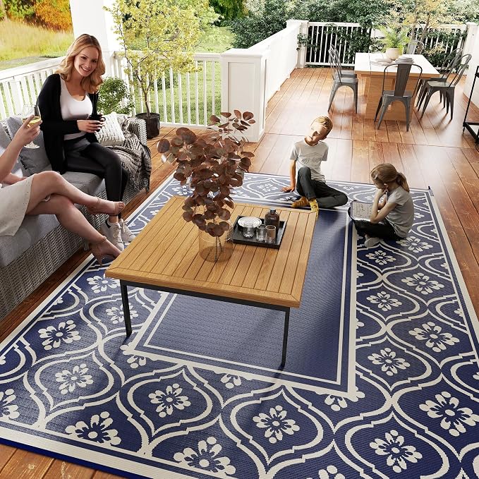 Outsunny Outdoor Rug for Patio, 9' x 12' Waterproof Large Mat, Reversible Plastic Straw Rug for Decor, Portable Outside RV Camping Area Carpet Mat for Backyard Porch Deck Picnic, Blue & White Gourd