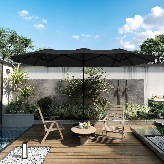 Kingdura 15ft Large Patio Umbrella with Base Included, Double-Sided Rectangle Outdoor Table Umbrella with 12 Reinforced Ribs, Crank Lift for Market Pool Deck Backyard, Black