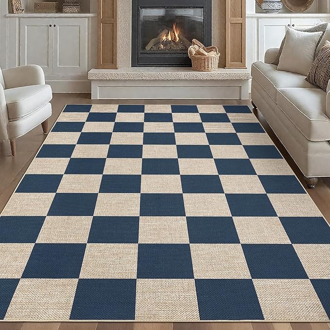 GarveeHome 9x12 Checkered Easy Jute Rugs for Bedroom Machine Washable Large Rugs Non-Slip Backing Modern Neutral Stain Resistance Carpets for Farmhouse Patio Dining Room Backyard Navy Blue
