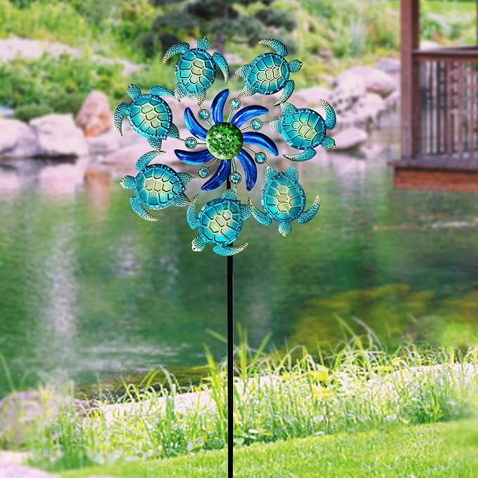 Sea Turtle Wind Spinners Garden Stake, 39" Turtles Wind Spinner Outdoor Decorations- Metal Green Outside Lawn Stake Wind Sculptures for Yard Patio,Lawn & Garden Art Decor