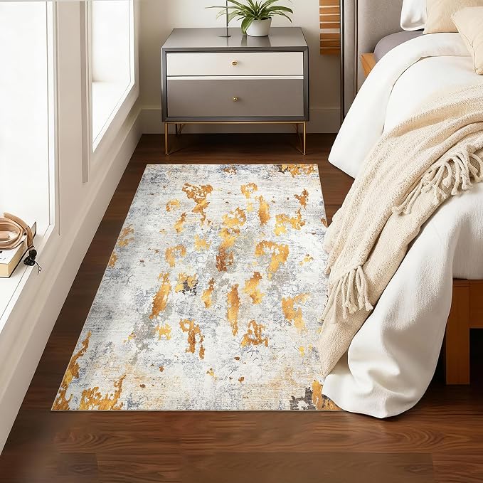 Washable Area Rug 3x5: Modern Small Rugs and Mats for Entryway Kitchen Bathroom Bedroom Indoor - Non-Slip Stain Resistant Thin Low Pile - Orange Gold Grey
