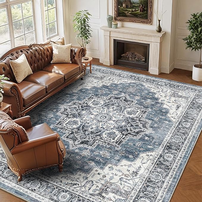 8x10 Area Rug for Living Room Large Vintage Distressed Area Rug | Non-Slip, Retro Print, Low Pile, Stain Resistant Carpet, Soft Easy Clean Blue Area Rug, for Bedroom, Dining Room, Playroom