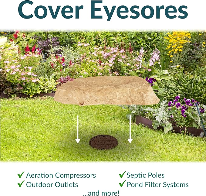 Sunnydaze 3.5” H Flat Faux Landscape Rock Cover - Lightweight Polyresin Fake Rock Well Pump Cover for Outside – Realistic Natural Texture – Sand - Set of 2