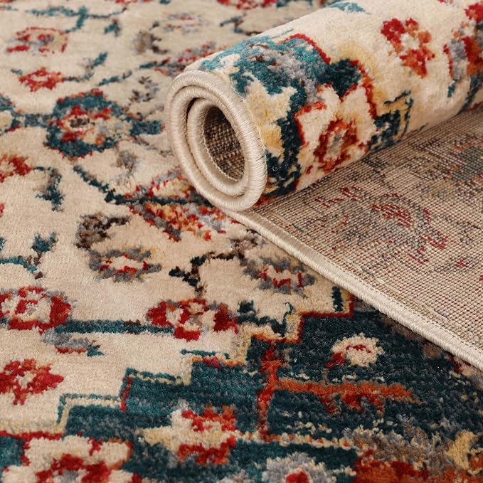 Superior Indoor Area Rug or Runner, Patchwork Rustic Leaves Floor Decor, Soft Plush Rugs for Living Room, Office, Kitchen, Dining, Aesthetic Home Accessories, Zelder Collection 5ft x 8ft - Ivory-Teal