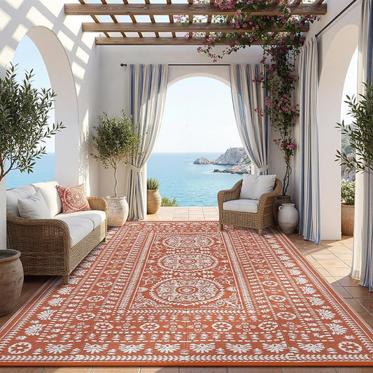 Garvee Reversible Outdoor Rug 9x18 for Patio, Waterproof Outdoor Area Rug, Modern Medallion Indoor Outdoor Rugs, Plastic Straw Rug for RV, Camping, Deck, Vintage Terracotta