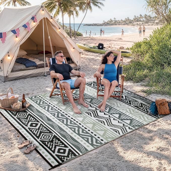 Lahome Outdoor Rug 8x10 Patio Waterproof, Reversible Outdoor Plastic Straw Rug for Camping, RV Patio Rugs Outside Large Carpet for Porch Deck Backyard Picnic(Grey/Black,8'x 10')