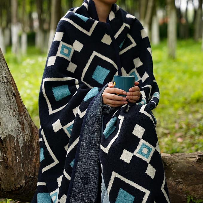 PuTian Merino Wool Blanket - 87" x 63" Thick Warm Soft Large Bed Throw - Great for Camping, Outdoors, Travel, Car, Couch, All Seasons, Blue Check