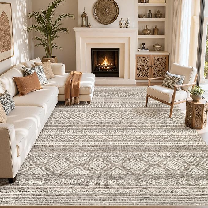 cotiled Boho 10x12 Area Rug for Living Room: Large Moroccan Washable Rug | Solve Modern Neutral Trendy Home Decor - Stain Resistan Carpet for Bedroom Farmhouse Coffee Brown