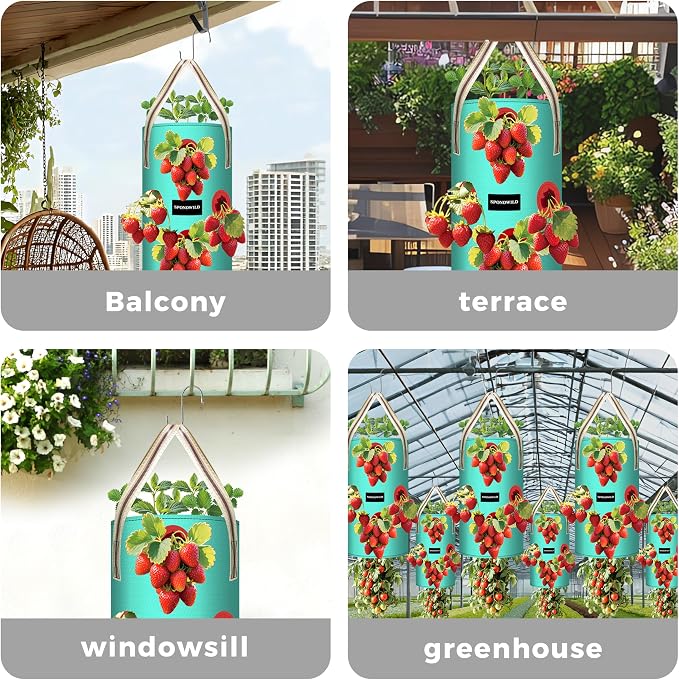 3 Pack Hanging Strawberry Planter Bags, 5 Gallon Hanging Grow Bags with Bottom Planting Hole, Thickened PE Strawberry Pot for Vegetables Herbs Tomatoes