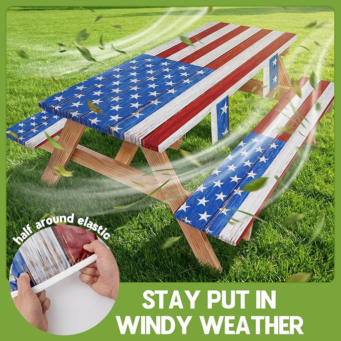 Picnic Table Cover with Bench Covers Waterproof Rectangle Tablecloth Camping Essentials Supplies Rv Travel Gear Must Haves Accessories Fitted Table Cloth Outdoor Road Trip Camper Gifts American Flag