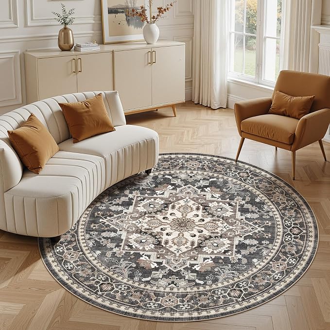 Washable Area Rug-6X6 Vintage Neutral Soft Black | Non Slip Thin Foldable Large Floor Carpet for Living Room Bedroom Kitchen Dining Room Home Office Farmhouse Indoor