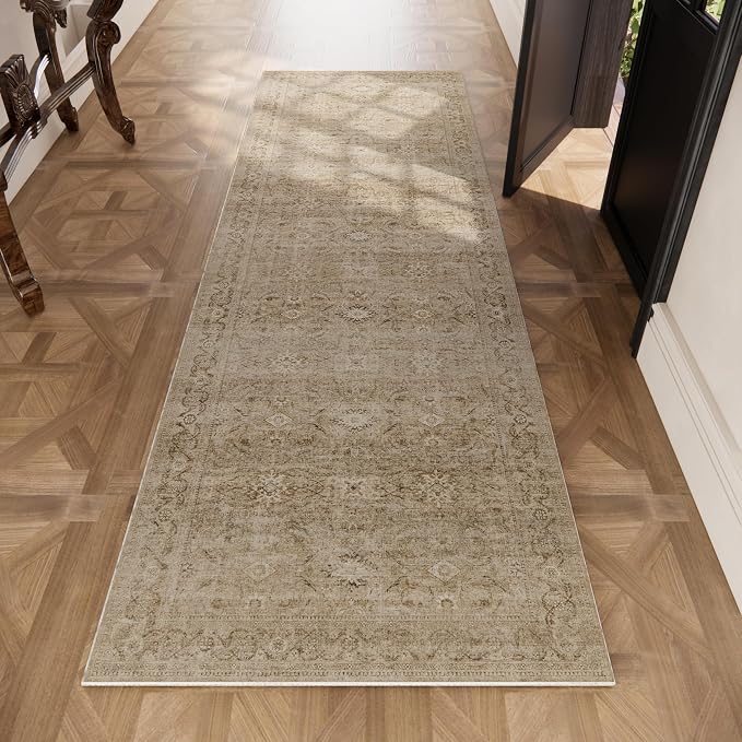 Machine Washable Runner Rugs for Entryway: 2'6"x8' Kitchen Runner Rug with Rubber Backing Non Slip Low Pile Soft Faux Wool Boho Carpet Runners for Hallways Bedroom Living Room Farmhouse Indoor