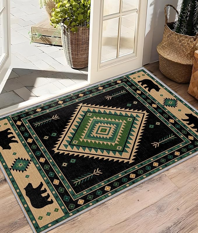 Southwestern Rug 4x5 - Native American Bear Cabin Area Rugs for Bedroom Living Room, Rustic Western Machine Washable | Non-Slip | Soft Carpets, Aztec Room Decor (Green Tan Black)