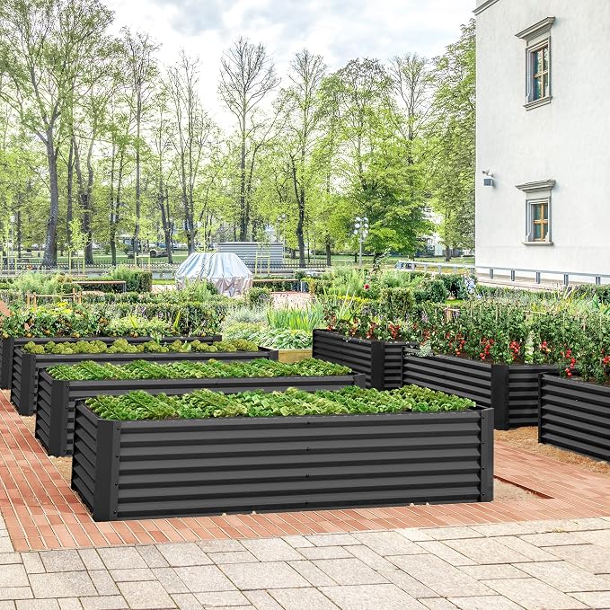 DWVO 2pcs 8 x 4 x 1.5 FT Raised Garden Bed Kit, Outdoor Galvanized Flower Bed with Safety Rubber and Gloves, Large Metal Planter Box for Vegetables, Flowers, Herbs, Fruits, Black