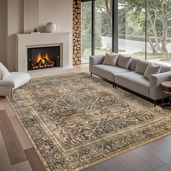Washable 10x14 Area Rug: Vintage Brown Rugs for Living Room Bedroom Dining Room Office Indoor - Soft Non-Slip Large Carpet Home Decor - Oriental Dark Brown