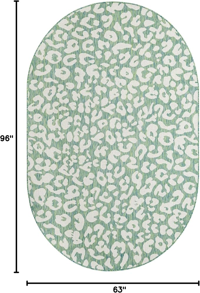 Unique Loom Outdoor Safari Collection Area Rug - Leopard (5' 3" x 8' Oval Green Blue/Ivory)