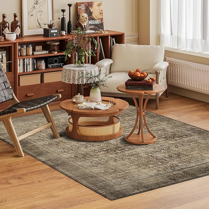 Washable Area Rug 9' x 12' Vintage Traditional Persian Mat - Foldable Distressed Non-Slip Machine Washable Carpet for Living Room Bedroom Kitchen Home Decor - Mocha and Taupe