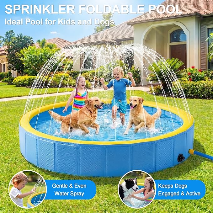 Foldable Dog Pool with Sprinkler, Ideal Splash Pool Swimming Pools | Large 63” Dog Pool, Splash Pad, Hard Plastic, Non Slip, Portable Dog Swimming Pool for Outdoor Backyard