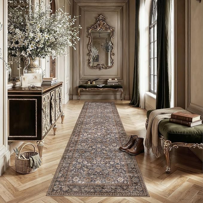 HUGEAR 2'6''x10 Runner Rug Machine Washable Tradition Brown Hallway Area Rugs Indoor Accent Rugs Floral Low Pile Carpet Distressed Throw Rug Bedroom Living Room Office Dining Kitchen Laundry Non Slip