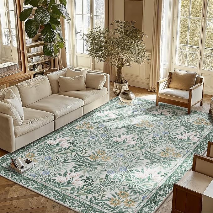 Botanical Floral Area Rug 6x9 Light Green Cream Vintage Garden Design, Perfect for Living Room, Bedroom, Kids Room, Nursery - Stain & Water Resistant Non-Slip, Pet & Child Friendly Area Rugs