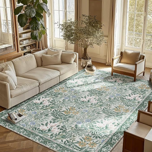 Botanical Floral Area Rug 6x9 Light Green Cream Vintage Garden Design, Perfect for Living Room, Bedroom, Kids Room, Nursery - Stain & Water Resistant Non-Slip, Pet & Child Friendly Area Rugs