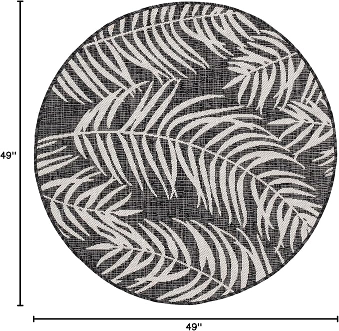 Unique Loom Outdoor Botanical Collection Area Rug - Palm (4' 1" Round, Charcoal/ Ivory)