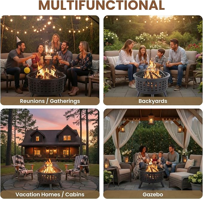 Outdoor Fire Pit - 26-Inch Round Lattice Wood Burning Firepit with Screen, Poker, Grate and Cover - Wood Fire Pits & Outdoor Fireplaces by Pure Garden
