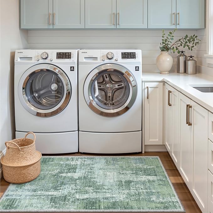 Valenrug 3x5 Rug, Abstract Washable Entryway Rug for Bedroom Sage Green | Soft & Lighweight, Folable, Stain Resistant Low Pile Thin Indoor Distressed Carpet Rugs for Living Room,Laundry Room,Kitchen