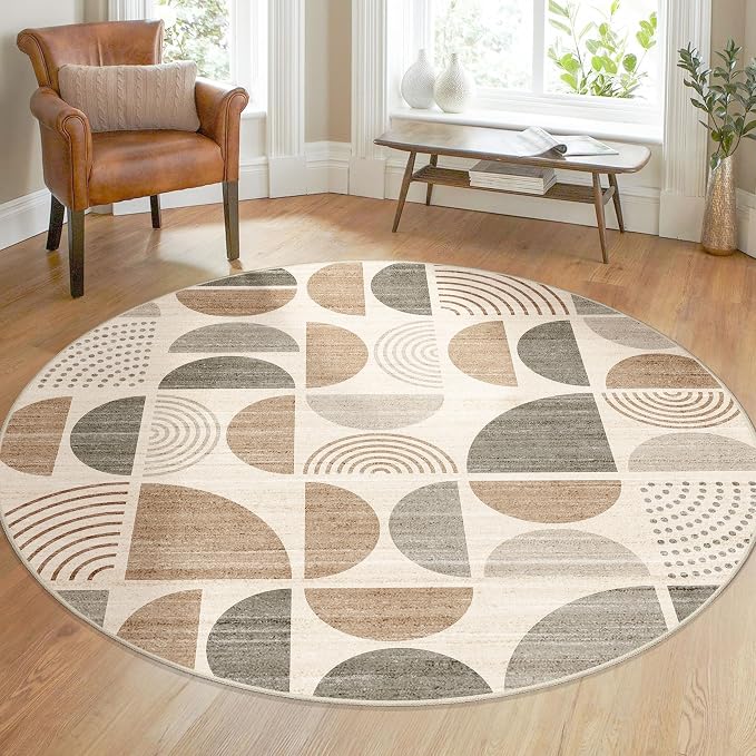 Round Rugs 5ft,Circle Area Rug Washable Non Slip Modern Abstract | Circular Rugs for Bedroom Living Room Dining Room Boho Throw Carpet Soft Low Pile Floor Indoor Bohemian Neutral Beige