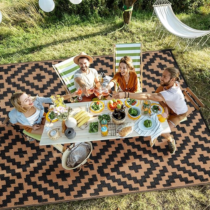 Outdoor Patio Plastic Straw Rug - 9x12 ft Outdoor Camping Rug Waterproof Reversible, Area Carpet Patios RV, Outside Porch Balcony Deck for Camper, Black & Brown