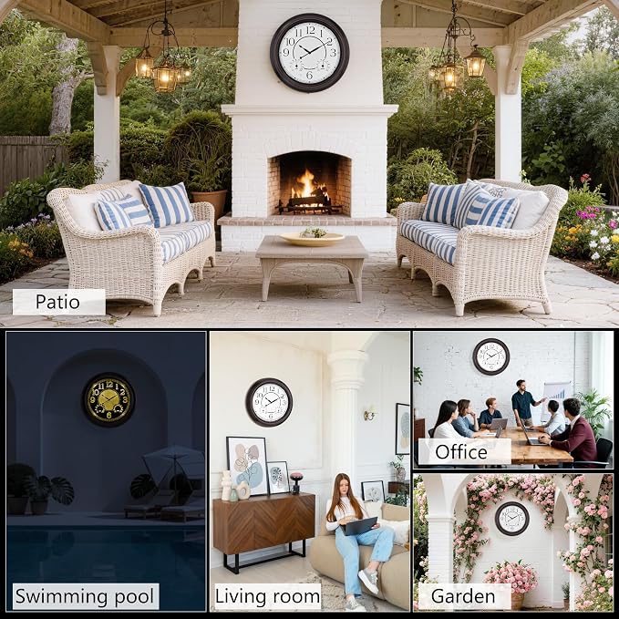 18 Inch Large Illuminated Outdoor Wall Clock, Waterproof Wall Clock with Smart Night Light Sensor, Lighted Large Wall Clock with Thermometer & Hygrometer for Patio Pool Porch Garden & Home Decor