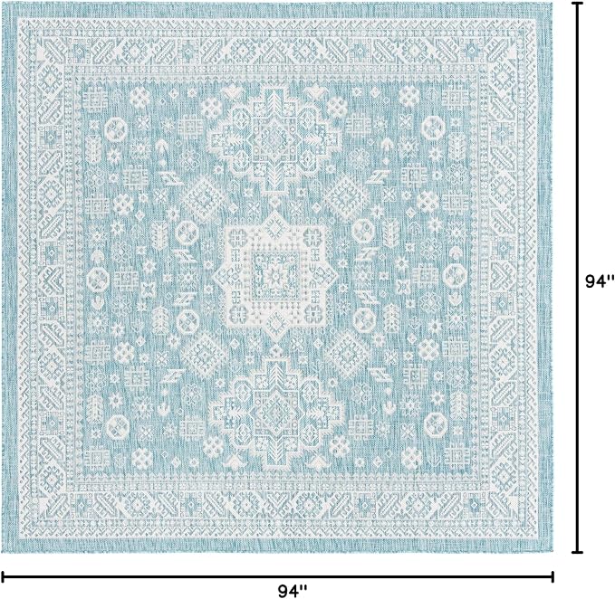 Unique Loom Outdoor Aztec Collection Area Rug - Chalca (7' 10" Square, Aqua/ Ivory)