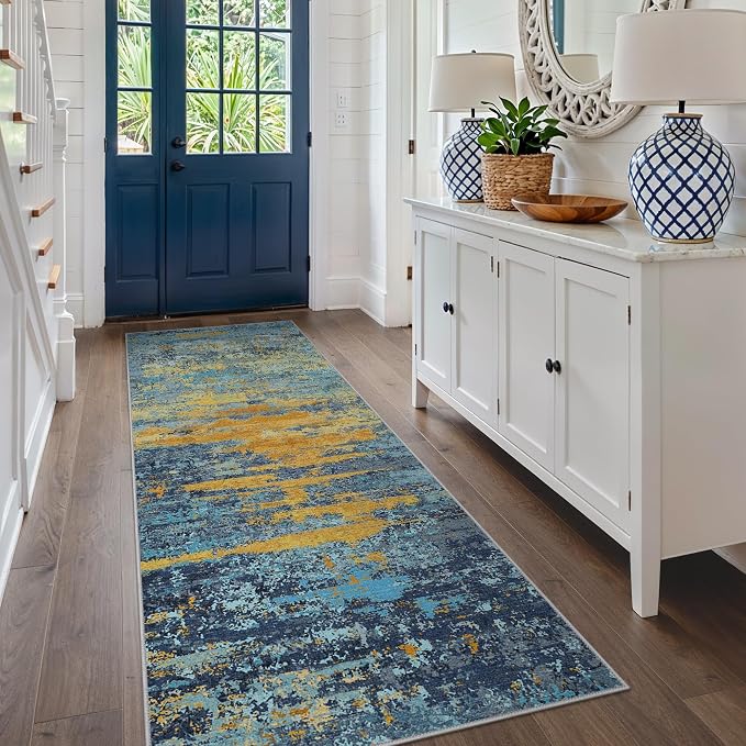 BEIMO 2x10 Non Slip Runner Rugs for Hallway, Wave Abstract Blue Orange | Soft Machine Washable Modern Runners,Streaks Pattern Indoor Marble Carpet for Kitchen Laundry Room Bedroom Bathroom